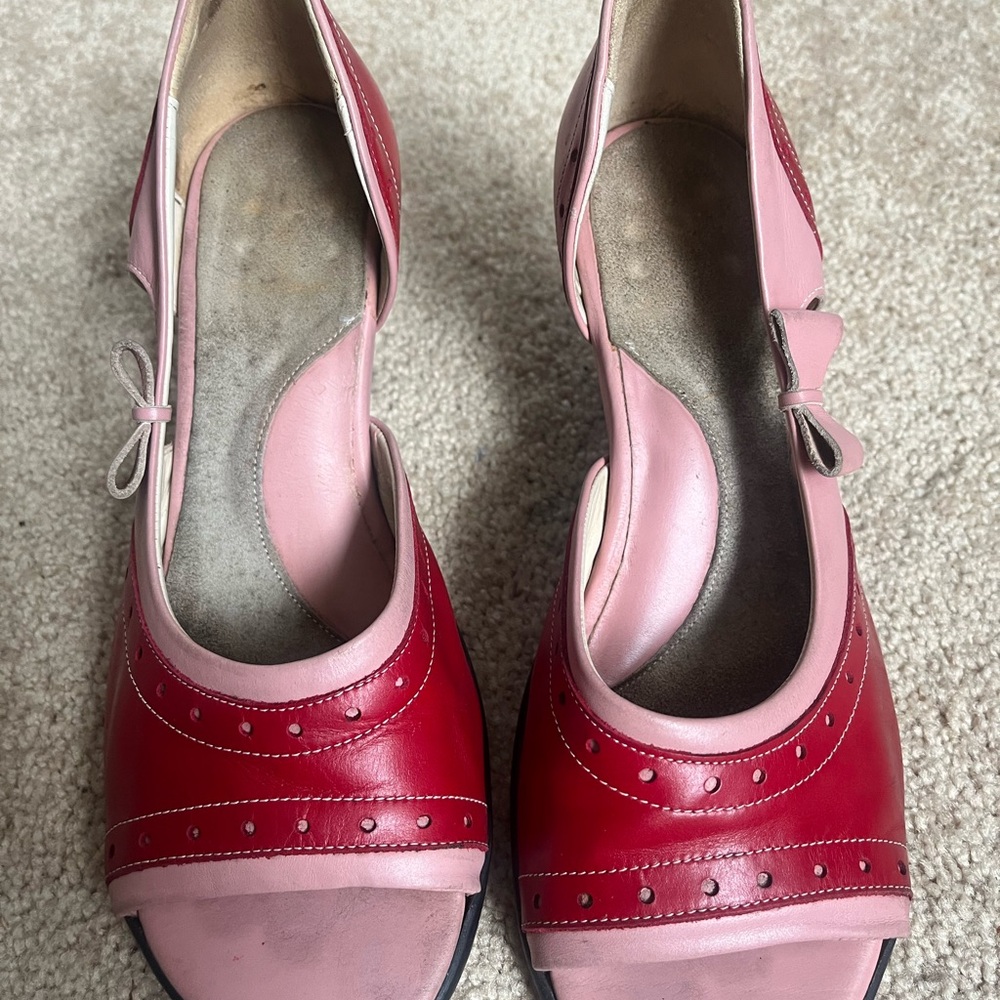 John Fluevog Pink and Red Heels with Decorative Strap